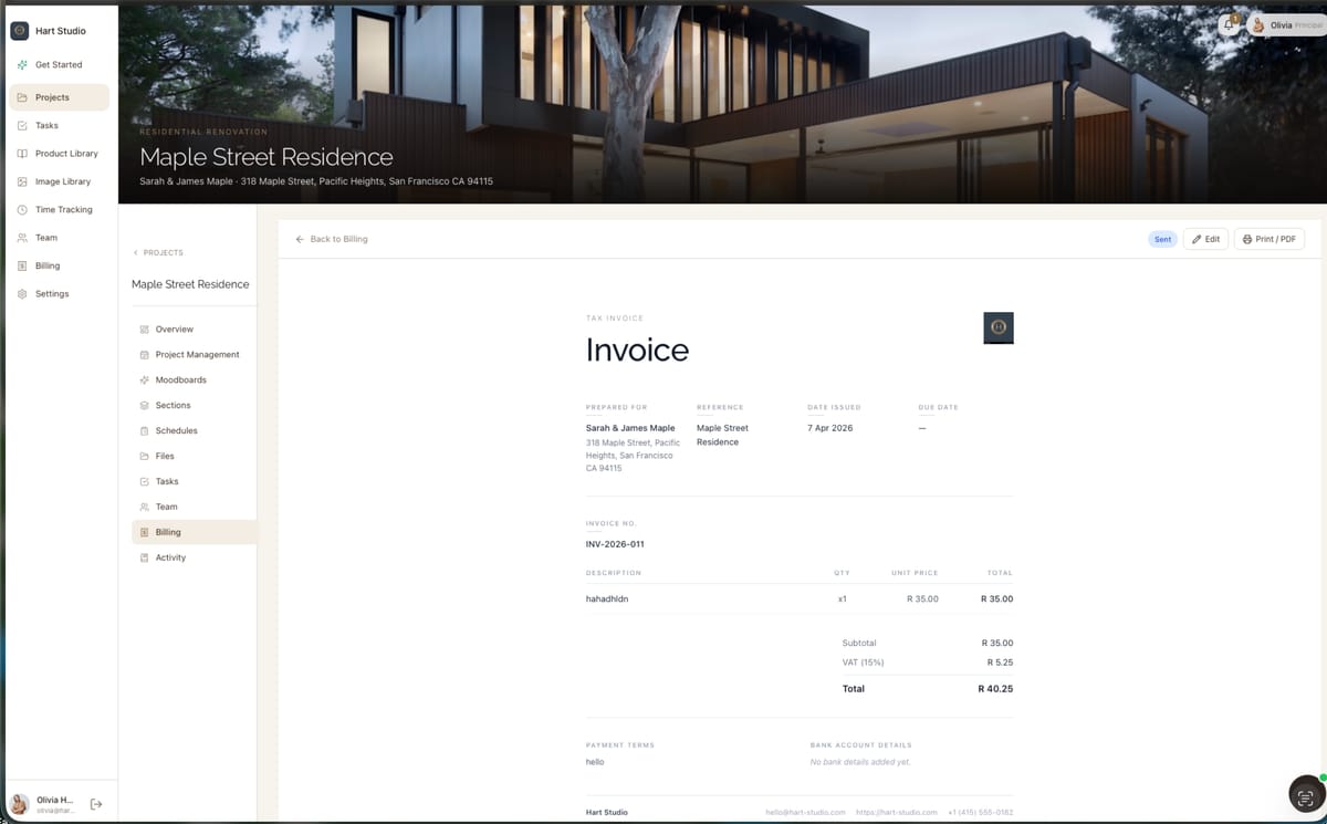 StudioCore invoice view